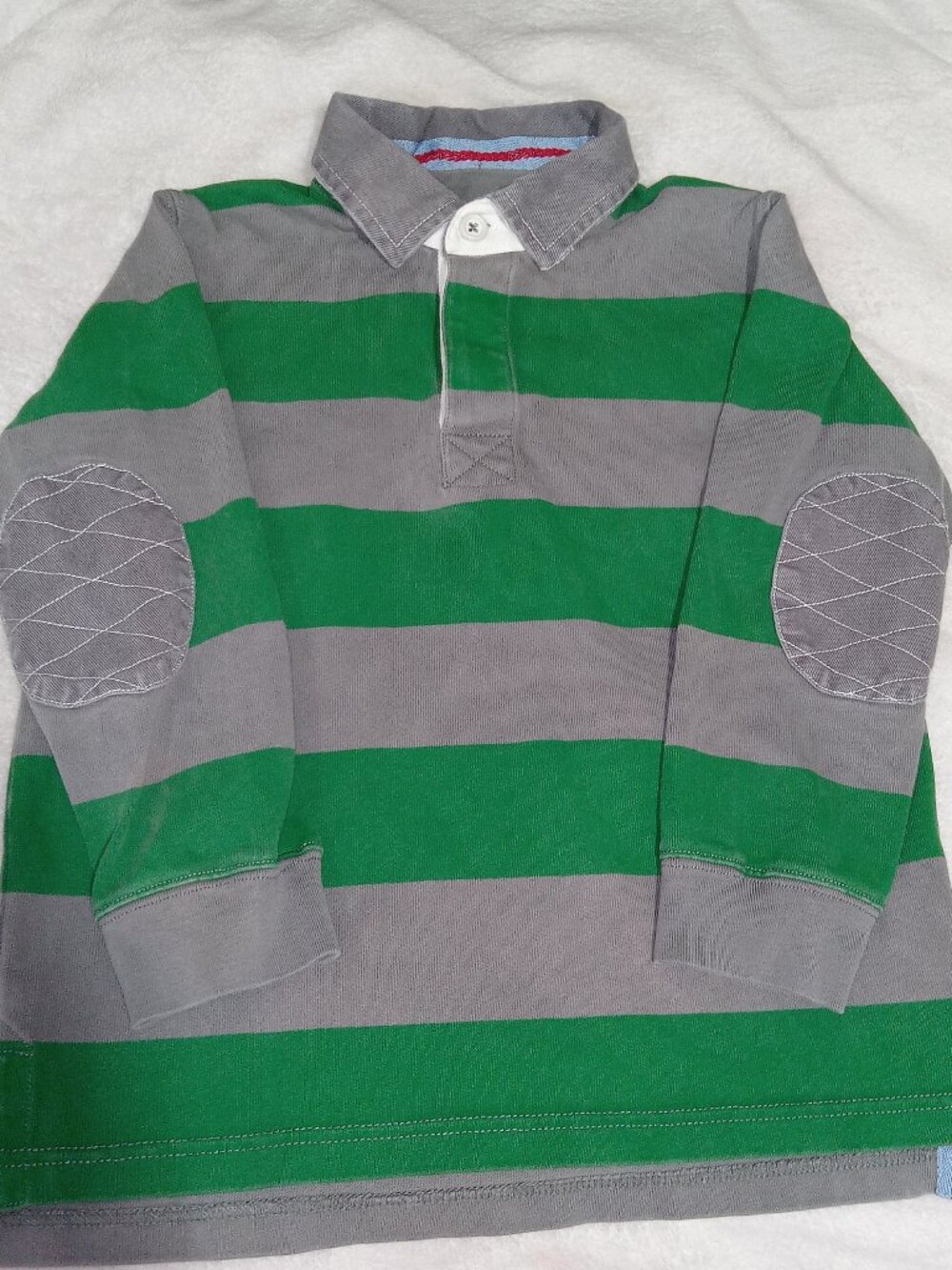 Mini Boden Boys Rugby Shirt 7-8Y Green Gray Striped Long Sleeve Polo Elbow Patch